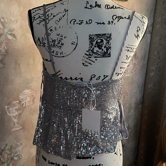 ZARA SILVER SEQUIN WRAP TOP NWT - Picture 5 of 6